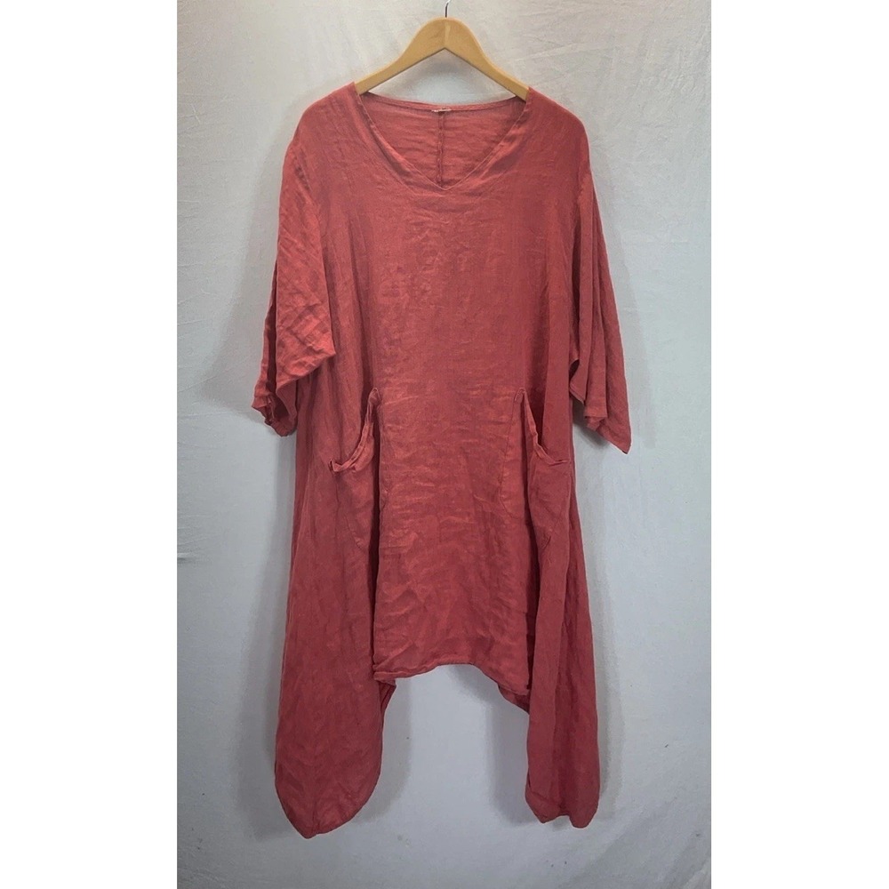Match Point Linen Dress Womens Size‎ L Pink Lagenlook Pockets Coral Beach